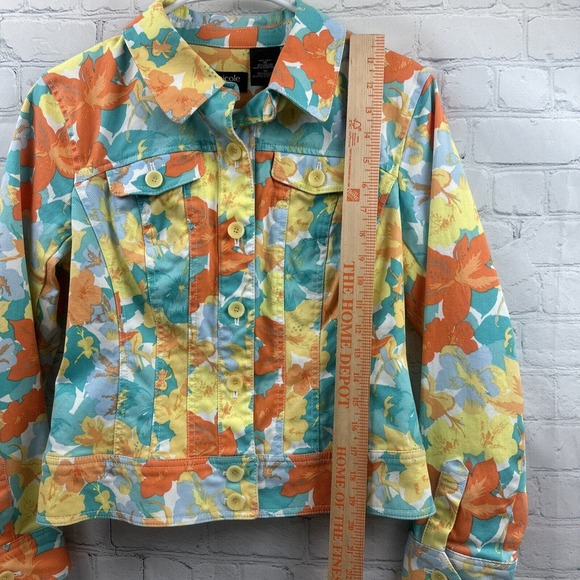 Nicole Miller Floral Button Up‎ Jacket Womens 10 Multi Cotton Denim Long Sleeve - Picture 3 of 9